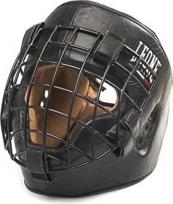 A black boxing helmet with a metal cage in front.