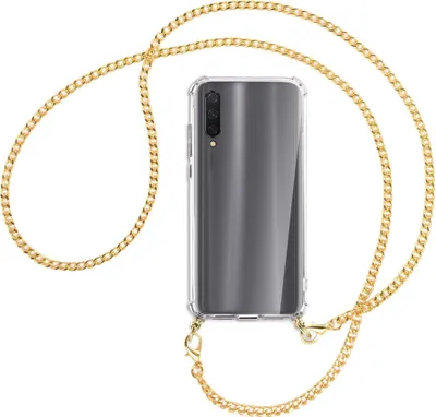 Produktbild von Handykette Backcover-Schutzhülle mit Band (Metall goldfarben) für Xiaomi Mi 9 Lite / CC9 - goldfarbene Kette