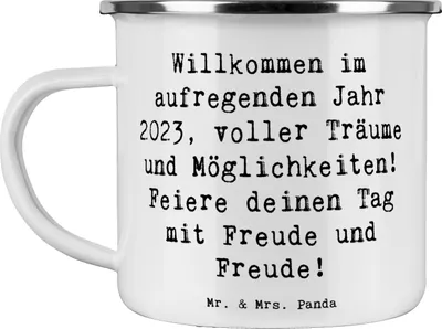Produktbild von Mr. & Mrs. Panda Emaille Tasse Spruch 2023 Geburtstag Freude - Weiß - Geschenk, Happy Birthday, deinen Tag, Outdoor Becher, Kaffeepott, Teetasse, Pott, aufregendes Jahr