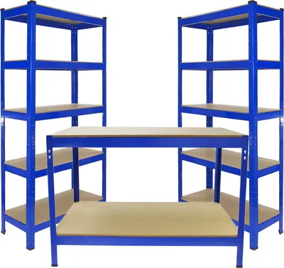 Image de 2 étagères (90 cm, capacité 280 kg) et 1 établi (120 cm) – acier et MDF, réglables en hauteur, pieds en caoutchouc antidérapants, modulables, construction robuste pour atelier et entrepôt (bleu)