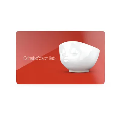 A red rectangular card with a white bowl featuring a face with closed eyes and pursed lips, and text.