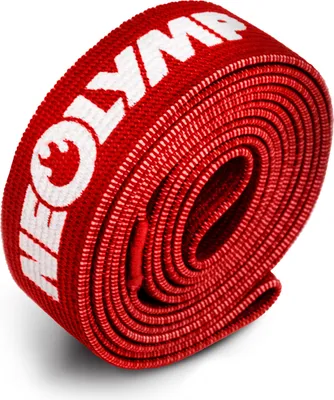 A rolled-up red fitness band with white text and a logo.
