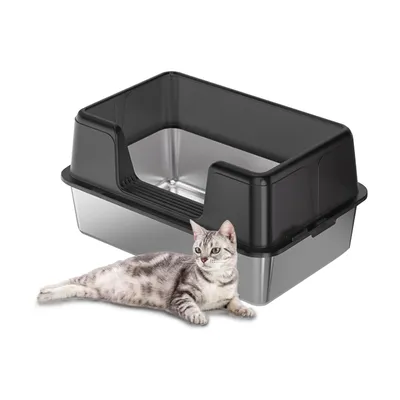 A cat is lying in front of a litter box.