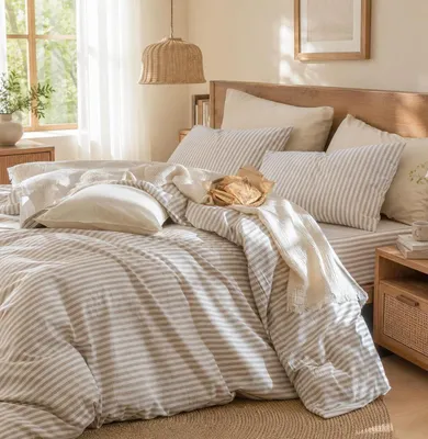 Productafbeelding van Omgoods - Bedlinnen Set 155 x 220 cm, Gestreept Beige/Wit, 100% Katoen