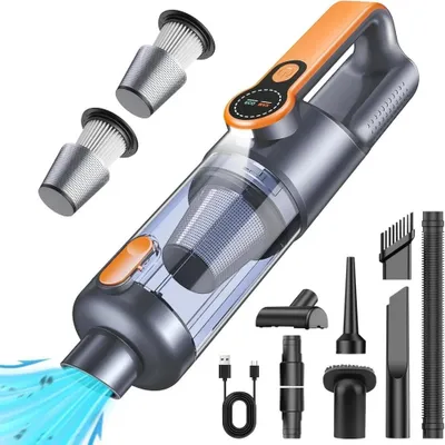 Immagine prodotto di Aspirapolvere portatile - Mini aspirapolvere portatile senza fili e senza spazzole, ideale per auto e uso domestico - Potente aspirazione - Funzione di soffiaggio e aspirazione - Ricaricabile a 5V - Luce LED e display LCD