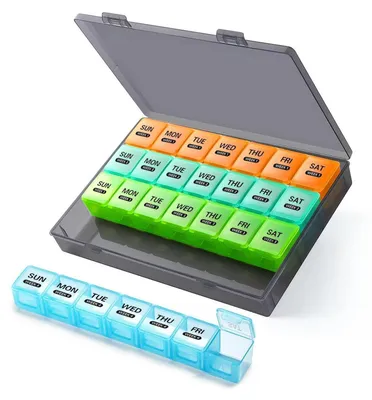 Zdjęcie produktu dla Pudełko na tabletki na 28 dni.
Pudełko na pigułki na 4 tygodnie.
Pudełko na leki na 7 dni.
Organizer podróżny, kolorowy