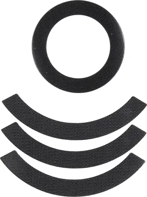 A set of black circular and curved adhesive strips on a white background.