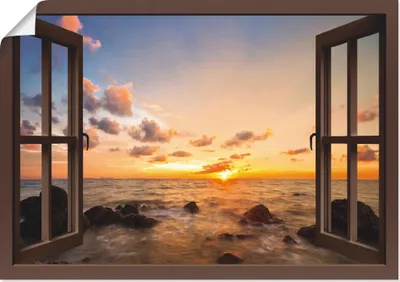 Produktbild von ARTland Poster Fensterblick Sonnenuntergang am Meer Größe: 100x70 cm