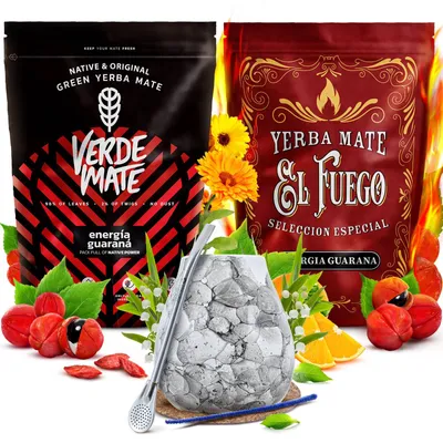 Produktbild von Verde Mate & El Fuego - Yerba Mate Tee Set Energia Guarana 2x500g - Keramik Becher Marmol Blanco 300ml - Bombilla - Brasilien & Paraguay