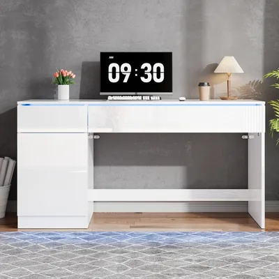 Produktbild von MODFU Schreibtisch Hochglanz mit LED,120 x 50 cm,Computertisch mit große Arbeitsfläche,2 Schubladen & 1 Tür,für Schminktisch und Lerntisch,Weiß