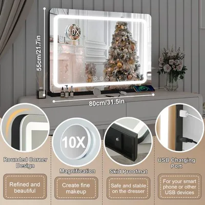 Obrázek produktu pro Zrcadlo do make-upu, extra velké – s osvětlením ve stylu Hollywoodu – 80 cm – kovové – vhodné na toaletní stolek i na zeď