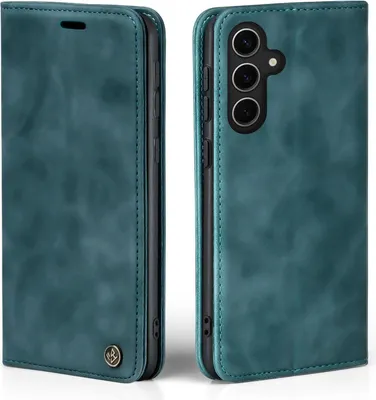 A teal flip-style phone case is shown from two angles, with the front cover open on the left and the back of the case on the right.