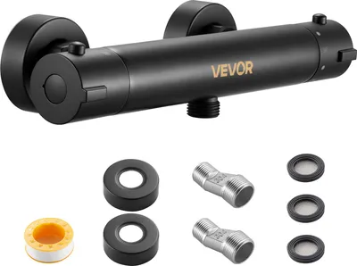 A black shower faucet and its accessories are displayed against a white background.