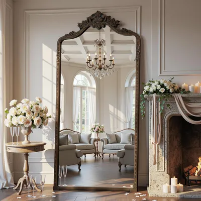 Image de Miroir mural complet, dimensions 205x105 cm, style vintage, sculpté, verre HD, forme en arc, finition bronze
