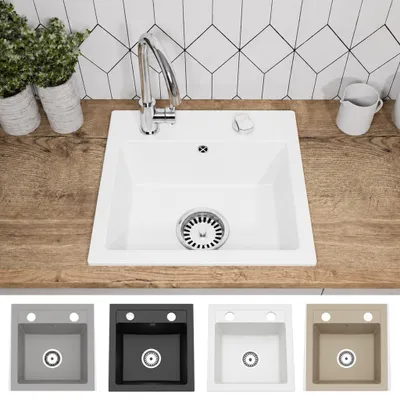Produktbild von Faizee Home | Compact Granitspüle Weiß 41 x 44 cm – Einbauspüle aus Granit für moderne Küchen | 170 mm Tiefe | Spülbecken für Unterschrank
