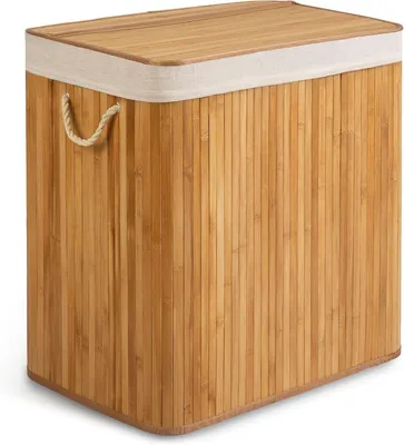 Image de Panier à linge avec 3 compartiments, 150 litres, en bambou, avec couvercle et sac à linge, couleur beige, pour le rangement du linge