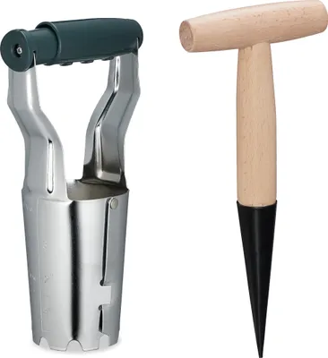 Produktbild von Relaxdays Blumenzwiebelpflanzer, 2er Set, Setzholz & Zwiebelpflanzer, Blumenzwiebeln pflanzen, Metall & Holz, mehrfarbig