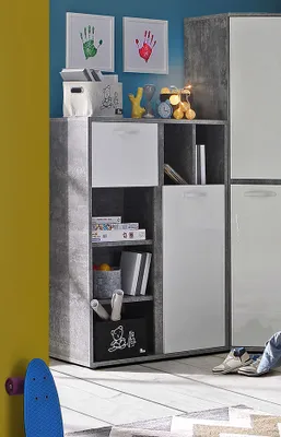 Productafbeelding van Regal, staande boekenkast, 99,5 cm, betonlook, lichtgrijs / wit, hoogglans