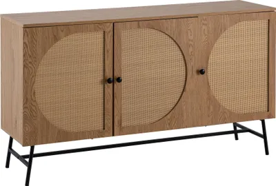 Produktbild von FineBuy Sideboard 140x80x39 cm Kommode Eiche-Nachbildung mit Rattan Geflecht Modern Hoher Kommodenschrank Standschrank mit 3 Türen Anrichte Wohnzimmer