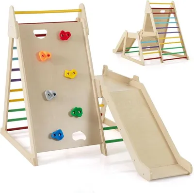 Imagen del producto de Silecomplaza, estructura de juego 3 en 1 con escalera de cuerda y tobogán, estructura de madera para interior con pared de escalada, área de juego para escalar y deslizarse, estructura triangular de escaleras para niños a partir de 3 años (de colores)