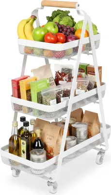 Produktbild von Relaxdays Rollwagen, 3 Ebenen, Metall, Holzgriff, HxBxT: 84,5 x 57 x 31 cm, 4 Rollen, Küche, Bad, Beistellwagen, weiß