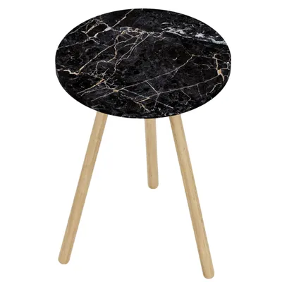 Produktbild von Moderner Beistelltisch Schwarz-Marmor Ø34 cm mit Holzbeinen – Dreibein Couchtisch, Sofatisch, Nachttisch, Wohnzimmertisch, Dekotisch, Kaffeetisch