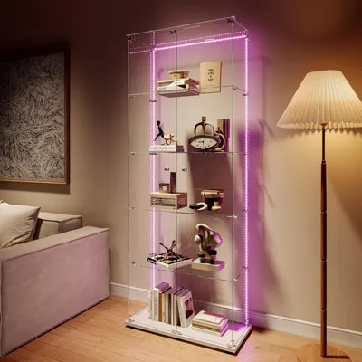 Immagine prodotto di Vetrina espositiva con illuminazione a LED, 5 ripiani, 2 ante, serratura, colore bianco, dimensioni 187x77x39 cm