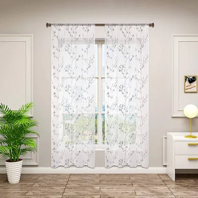 Produktbild von WOLTU 2er-Set Gardinen transparent Blumen Stickerei mit Kräuselband Leinen Optik Doppelpack Vorhang Fensterschal 140x225 cm Grau
