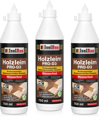 Produktbild von Isolbau Holzleim PRO-D3 - 3 x 750 ml (860 g) Extra starker Holzkleber für alle Holzarten, für Innen & Außen, Wasserfest, Lösemittelfrei