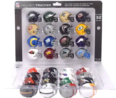 A product package containing multiple miniature NFL helmets.