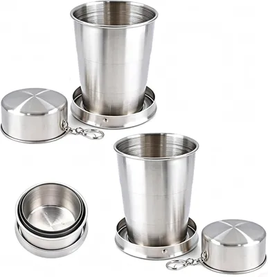 Produktbild von Set von 2 Faltbechern Edelstahl 150 ml, Faltbar, Kompakt, Tragbar, Für Camping