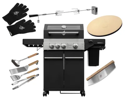 Produktbild von FEUERGOTT Gas-Grillstation Hektor 3B-S Pizza Set mit Abdeckhaube, Drehspieß, Pizzastein, Grillutensilien, Pizzaschneider, Infrarotbrenner, Seitenkocher