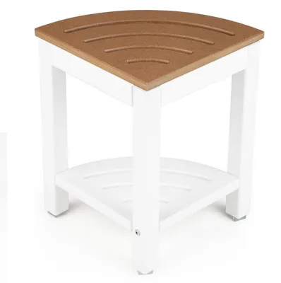 Obrázek produktu pro Rohová stolička do sprchy, vyrobená z HDPE, hnědá a bílá, nosnost 150 kg, s odkládací plochou