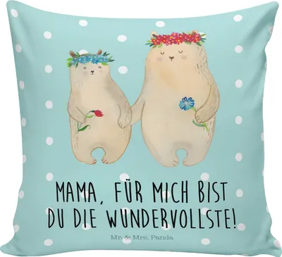 Produktbild von Mr. & Mrs. Panda Dekokissen Bären mit Blumenkranz - Türkis Pastell - Geschenk, Mom, Muttertag, Sofakissen, zier kissen, bedruckt, Deko, Kinder, Family, 40x40, Mutter