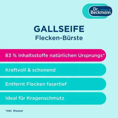 Marketing image for Dr. Beckmann Gallseife Flecken-Bürste, highlighting its features and benefits.