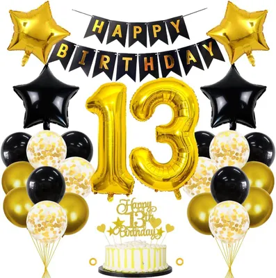 Image de Ensemble de ballons comprenant 32 pièces, noir et or, pour un 80e anniversaire, avec bannière et décoration pour gâteau