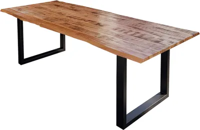 Produktbild von Esstisch Darwin 200 x 100 cm, Mangoholz massiv, lackiert & naturfarben, Baumkantentisch mit Metallgestell in Mattschwarz, echte Baumkante, 26 mm