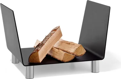 A modern black metal firewood rack with silver legs, holding several pieces of firewood. The background is plain white.