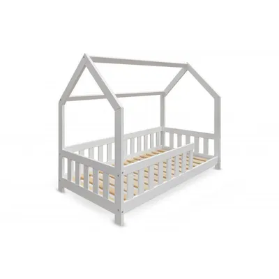 A white wooden house-shaped bed frame with a slatted base, shown from a diagonal front-side view against a white background.
