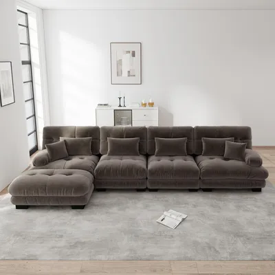 Produktbild von MODFU 4-Sitzer Polstersofa mit mit 2 Lendenkissen und 2 Dekokissen,L-förmiges Sofa,Loungesofa Chenille,mit 1 Ottoman,Modulares Sofa,Braun