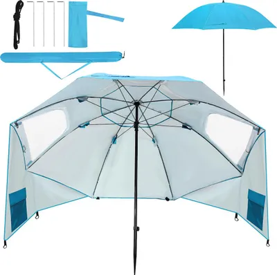 Produktbild von Faziango Strandschirm 210 cm Sonnenschirm mit UV Schutz 50+, neigbar mit Erdspieß und Tragetasche, wasserabweisender Gartenschirm für Strand, Garten & Balkon – Himmelblau