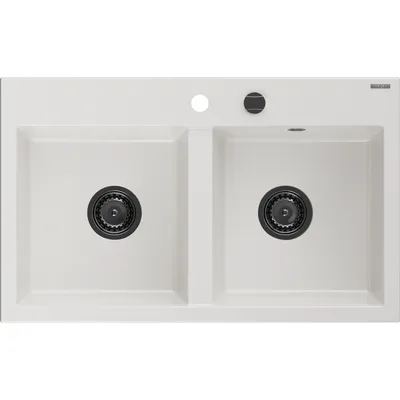 Zdjęcie produktu dla Mexen Hektor zlewozmywak granitowy 2-komorowy 800 x 480 mm, biały, syfon czarny - 6521802000-20-B