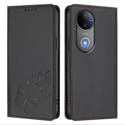 Obrázek produktu pro Kožené pouzdro pro Vivo V50, motýlí ražbou, peněženkové flip pouzdro se stojánkem Černá