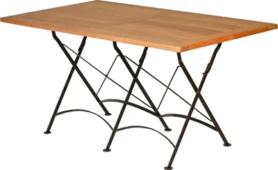 A rectangular wooden table with black metal folding legs, shown from a slightly elevated side angle against a white background.