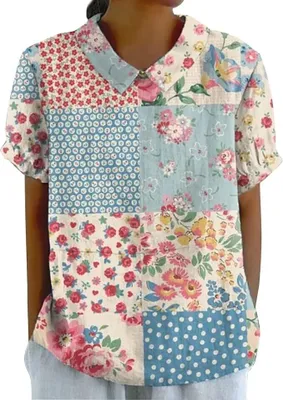 Produktbild von Bluse Damen Sommer, Elegant Leinenbluse Einfarbig Blusenshirt Revers Rundhals Leinenhemd Blumendruck Oberteile Lose Pullover