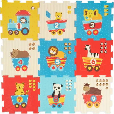 A grid of 9 puzzle pieces, each featuring a cartoon animal in a train car, with numbers and small animal illustrations.