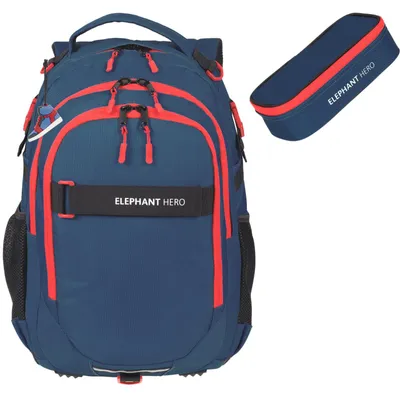 Produktbild von Schulrucksack Set 2 Teile Schultasche Elephant Hero Signature Laptopfach Jungen Rucksack Mäppchen Box 13205 Solid Blau Rot +r m