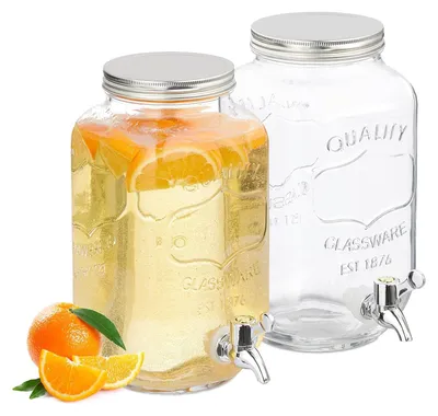 Immagine prodotto di TRANKIELO® - Set di 2 caraffe per bevande da 3,5 litri - Dispenser per bevande con rubinetto e coperchio, trasparenti, design retrò