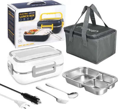 Image de Boîte à pain électrique Chauffe-repas 2 en 1 12V 220V Récipient chauffe-repas avec porte-couverts Porte-téléphone portable Anti-fuite pour voiture Maison Blanc
