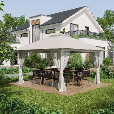 Produktbild von Faltpavillon 4x4m – höhenverstellbar mit 4 Netzvorhängen, UV-Schutz, Doppeldach & Tragetasche, für Garten & Events, Cremeweiß